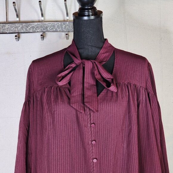 Time & Tru Metropolis Burgundy LS Tie Neck Poly Relaxed Fit Button Up Top Sz XXL - Picture 4 of 16